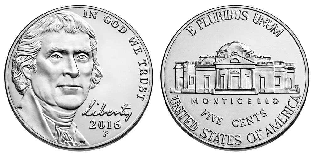 2016 Jefferson nickel obverse and reverse showing Jefferson portrait and Monticello