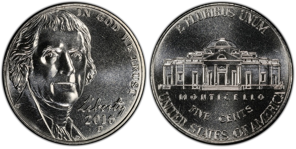 Comparison of 2016 nickel without Full Steps versus a Full Steps certified example, showing Monticello steps detail