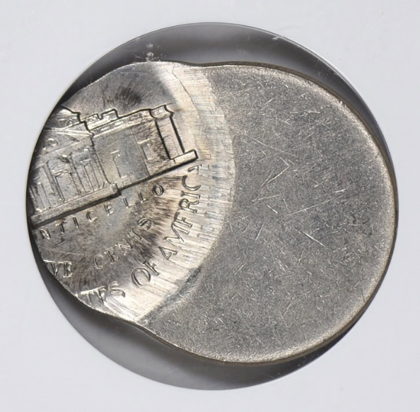 2016 Jefferson nickel off-center strike error with blank metal crescent visible and design shifted to one side