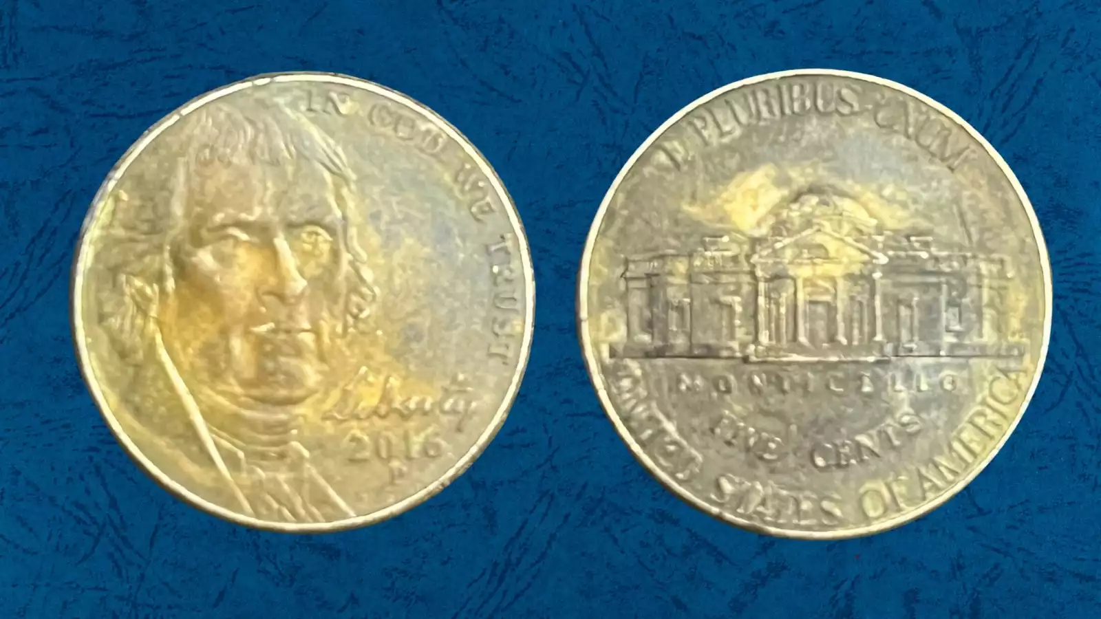 2016 Jefferson nickel improperly annealed planchet error showing unusual surface coloration and texture