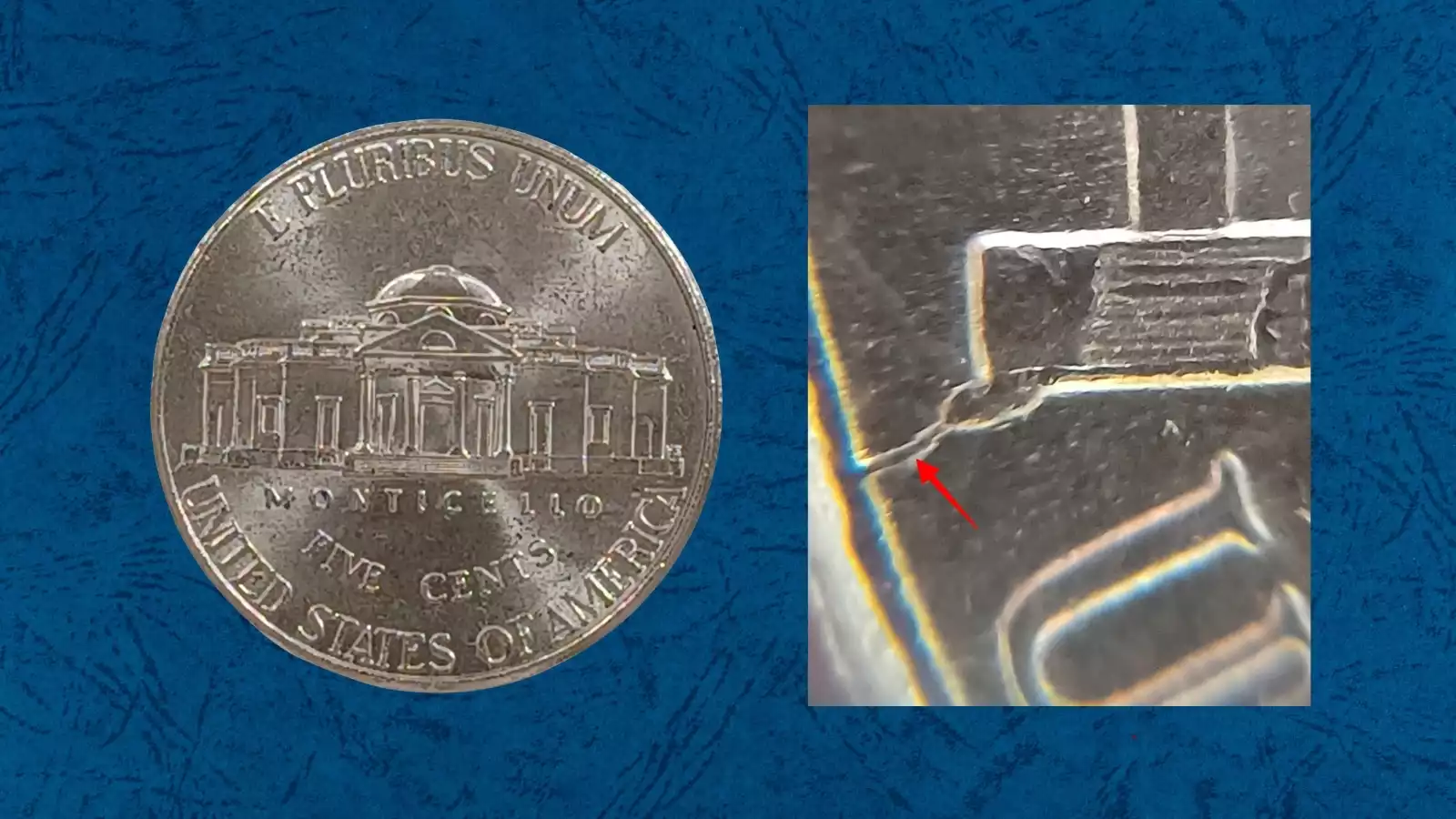 2016 Jefferson nickel die crack error showing a raised metal line running through Jefferson's portrait on the obverse