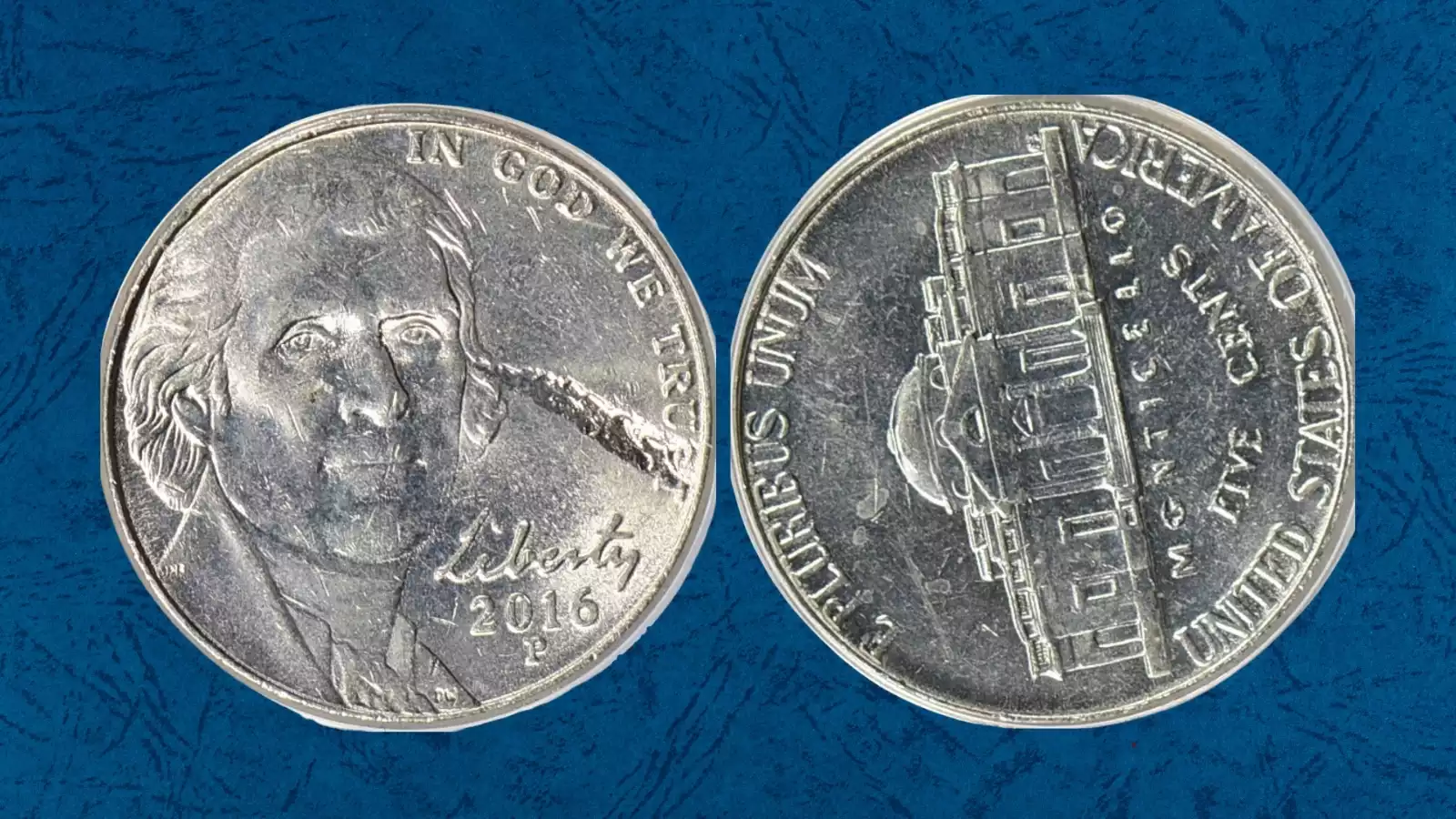 2016 Jefferson nickel rotated die error showing the reverse design significantly rotated from its expected medal alignment