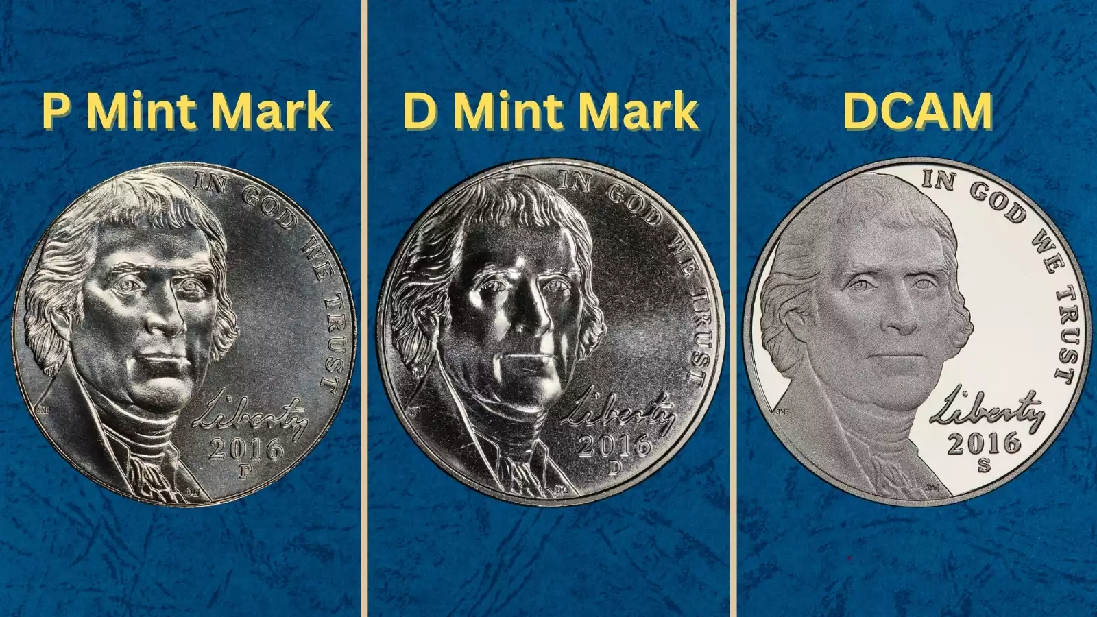 Group of 2016 Jefferson nickels showing various grades from circulation to gem uncirculated, with Philadelphia Mint in background