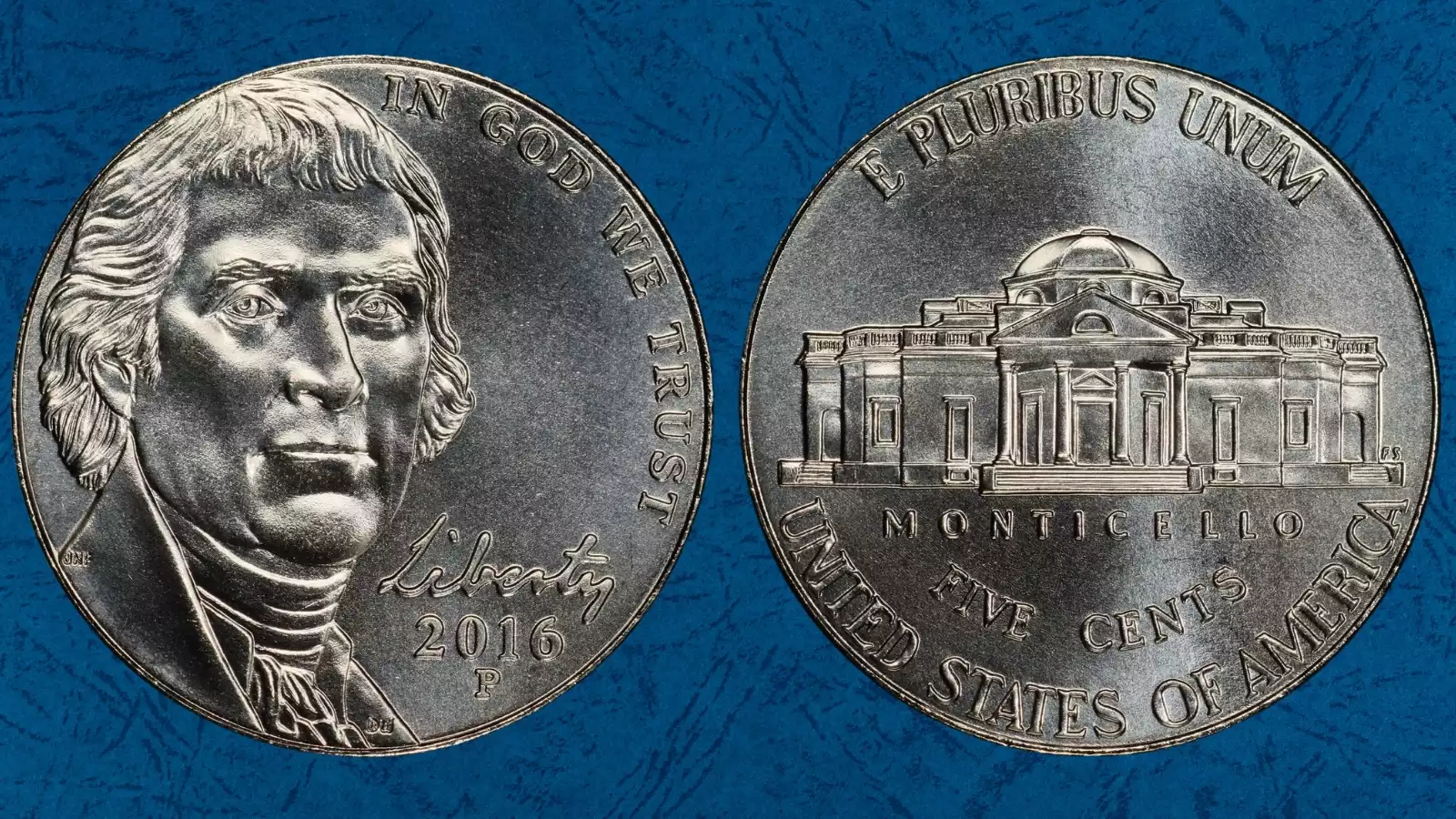 2016 Jefferson nickel grading strip showing four condition tiers from worn Good through Gem MS side by side
